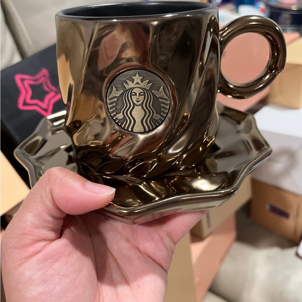 Starbucks metallic brown coffee mug and plate